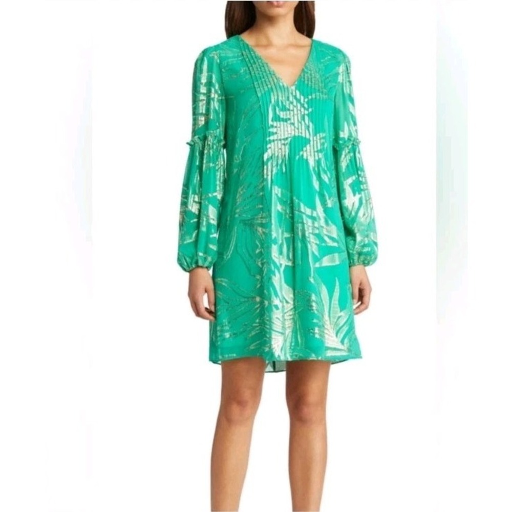 Lilly Pulitzer Cleme Silk Dress Botanical Green Palm Leaf Size 14 Resort Beach